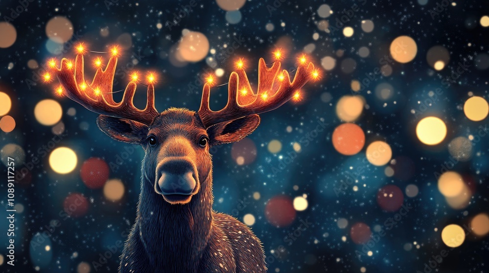 Whimsical Moose with Illuminated Antlers Against a Sparkling Background for Festive Invitations and Greeting Cards Whimsical Moose with Illuminated Antlers Against a Sparkling Background for Festive Invitations and Greeting Cards