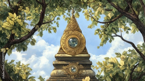 Apex of a decorative stupa adorned with a chatra and crest gem, beautifully framed by lush green tree branches against a serene sky backdrop. photo