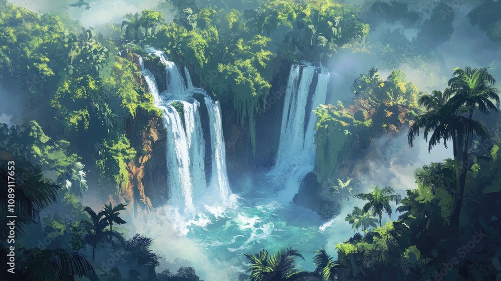 Aerial view of a lush tropical rainforest showcasing majestic waterfalls enveloped in mist and vibrant greenery. Aerial view of a lush tropical rainforest showcasing majestic waterfalls enveloped in mist and vibrant greenery.