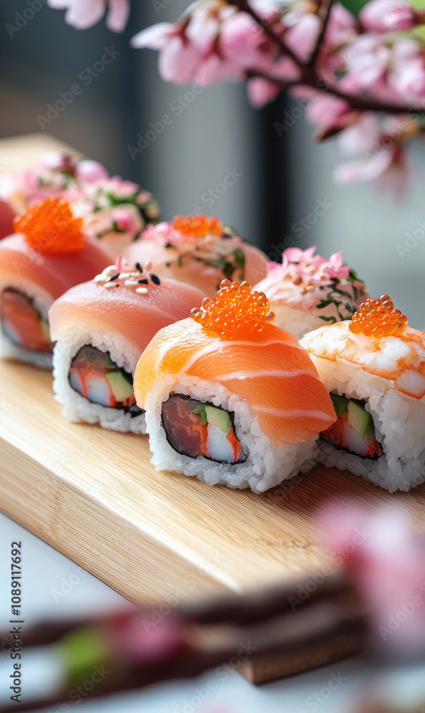 Fresh Sushi with Cherry Blossom Petals as Garnish for a Beautiful Presentation Fresh Sushi with Cherry Blossom Petals as Garnish for a Beautiful Presentation