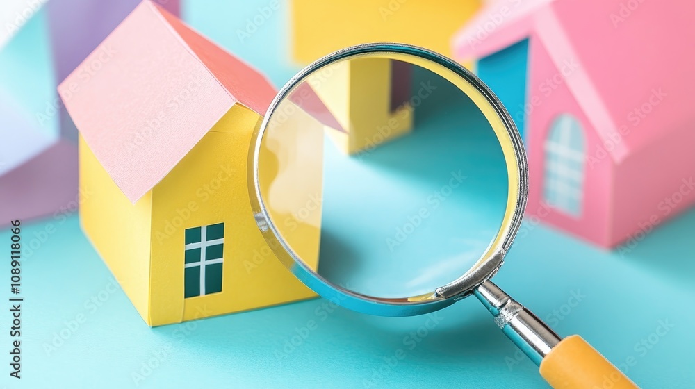 Magnifying glass highlighting colorful paper cutout houses on a soft blue background with a focus on intricate details of the house designs Magnifying glass highlighting colorful paper cutout houses on a soft blue background with a focus on intricate details of the house designs