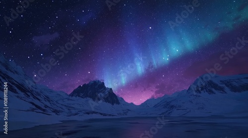 Vibrant fantasy night sky featuring a galaxy with stunning blue and purple hues and an aurora above snow-capped mountains and a serene lake.