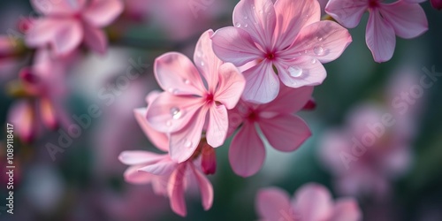 Soft pink flowers with delicate droplets of water glisten in the subtle light, botanical details, natural light effect, dew drops