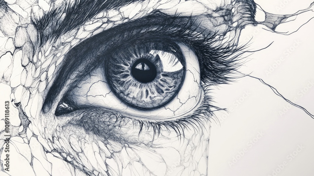 Fototapeta premium Intricate black and white sketch of a human eye highlighting fine lines, detailed iris patterns, and complex shading techniques.