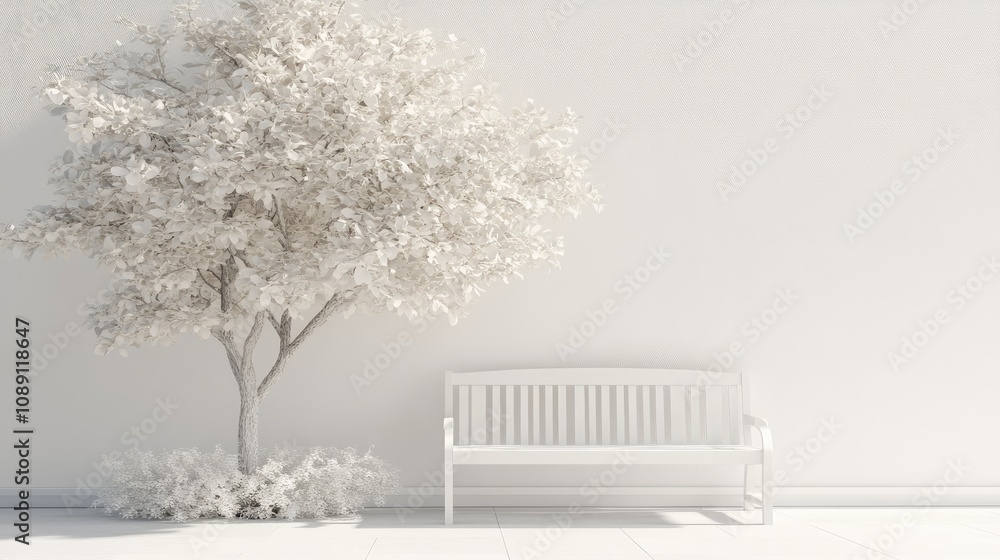 Fototapeta premium Serene White Bench Surrounded by Lush Tree in Minimalist Space Perfect for Art Display or Text Integration in Soft Neutral Tones