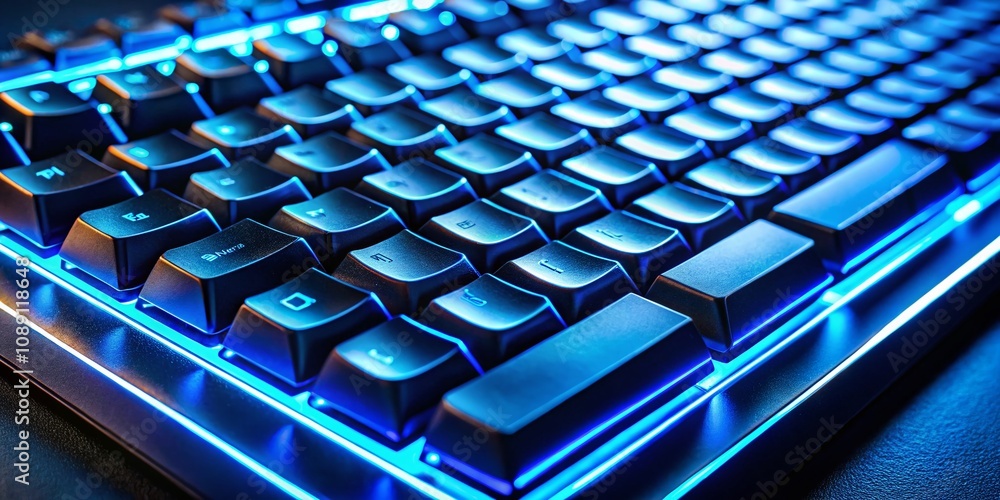 Candid Photography of a Computer Keyboard Illuminated with Blue Neon Lights, Capturing the Modern Tech Aesthetic in a Dynamic and Engaging Way for Digital Enthusiasts Candid Photography of a Computer Keyboard Illuminated with Blue Neon Lights, Capturing the Modern Tech Aesthetic in a Dynamic and Engaging Way for Digital Enthusiasts