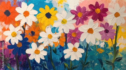 Wallpaper Mural Vibrant Floral Arrangement Featuring Playful Daisies in Various Colors Against a Brightly Textured Background Torontodigital.ca