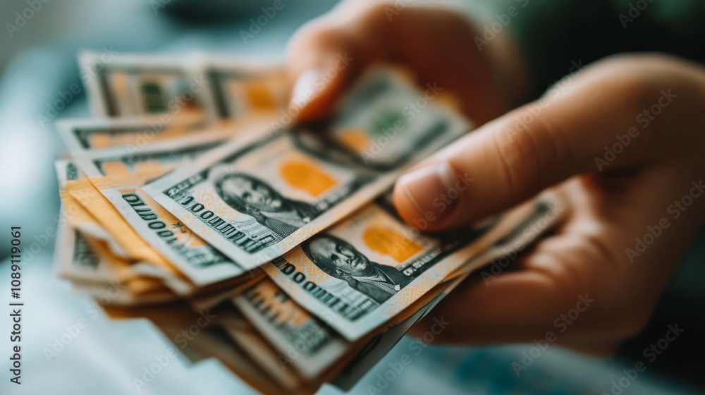 Close-up of a hand holding a stack of US dollar bills. Close-up of a hand holding a stack of US dollar bills.