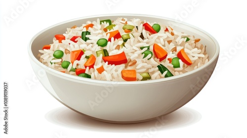 Colorful bowl of vegetable fried rice featuring vibrant carrots, peas, and bell peppers, ideal for vegetarian food projects and promotional materials.