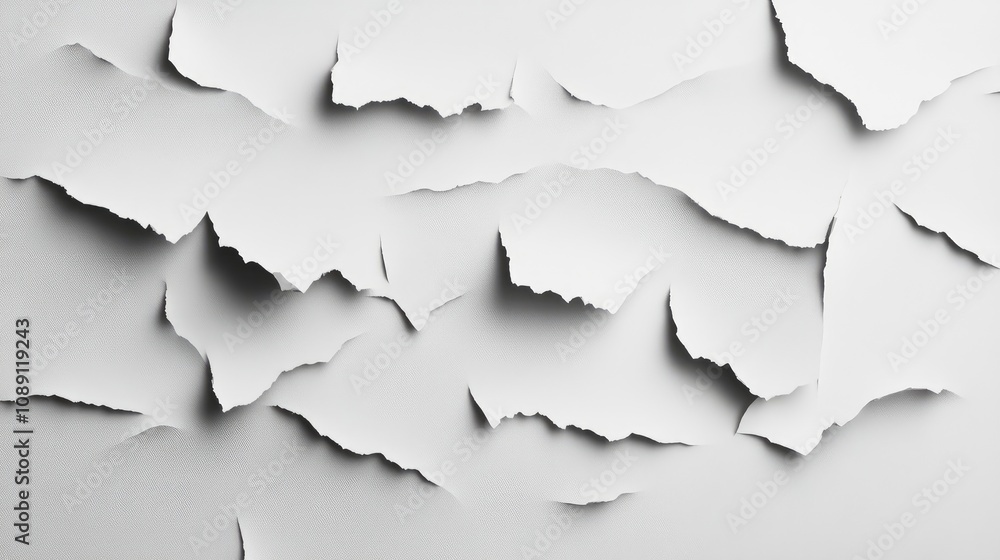 Torn white paper sheet featuring irregular cut-out pieces with soft shadows, creating a textured and layered visual effect. Torn white paper sheet featuring irregular cut-out pieces with soft shadows, creating a textured and layered visual effect.