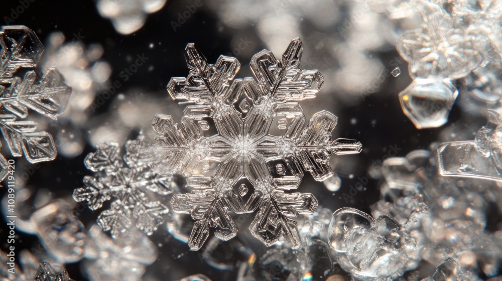 Obraz premium Intricate snowflakes captured in stunning detail against a shimmering icy backdrop, showcasing their unique crystalline structures and translucent beauty.