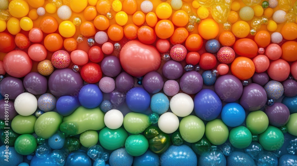 Vibrant balloon arrangement forming a rainbow flag pattern, symbolizing LGBT pride with assorted colorful spheres in a festive display. Vibrant balloon arrangement forming a rainbow flag pattern, symbolizing LGBT pride with assorted colorful spheres in a festive display.
