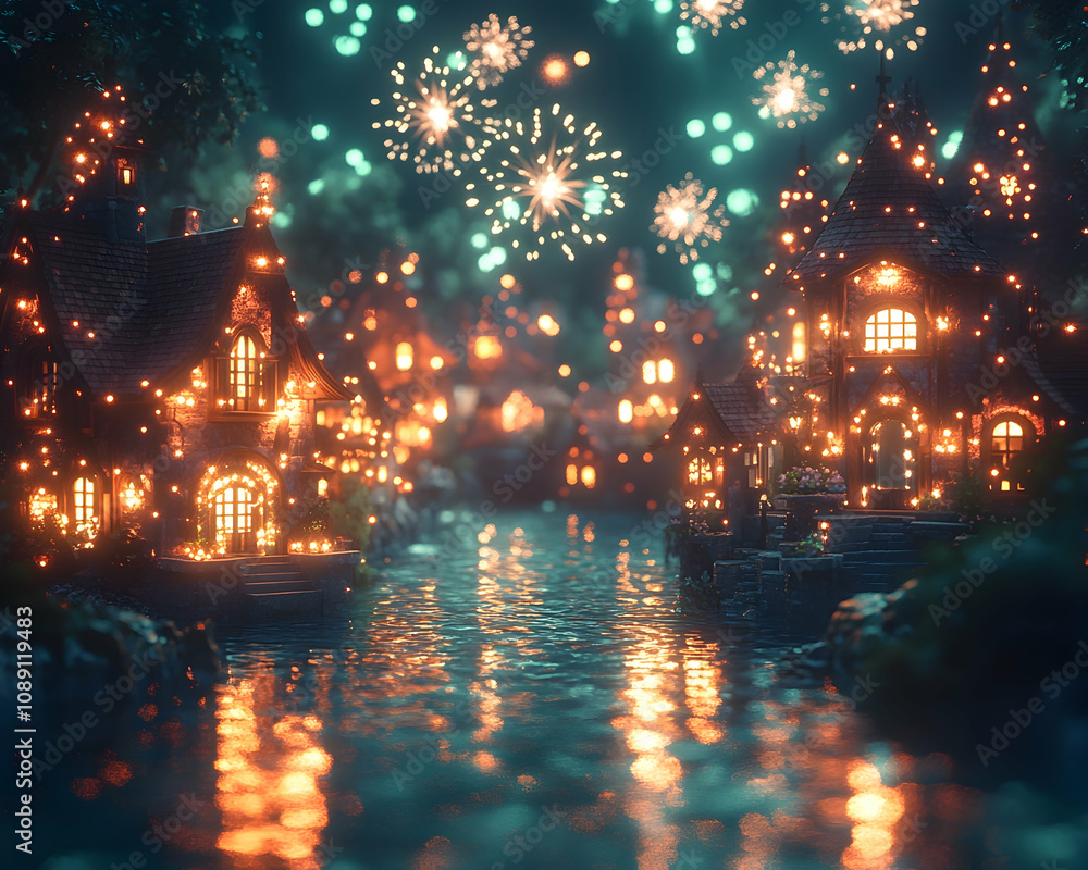 Enchanting, illuminated village by a river at night, with fireworks exploding above. Enchanting, illuminated village by a river at night, with fireworks exploding above.