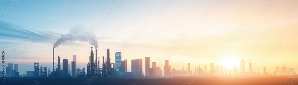 A stunning industrial skyline at sunrise with factories and buildings silhouetted against a colorful sky. Energy stock investment concept. A stunning industrial skyline at sunrise with factories and buildings silhouetted against a colorful sky. Energy stock investment concept.