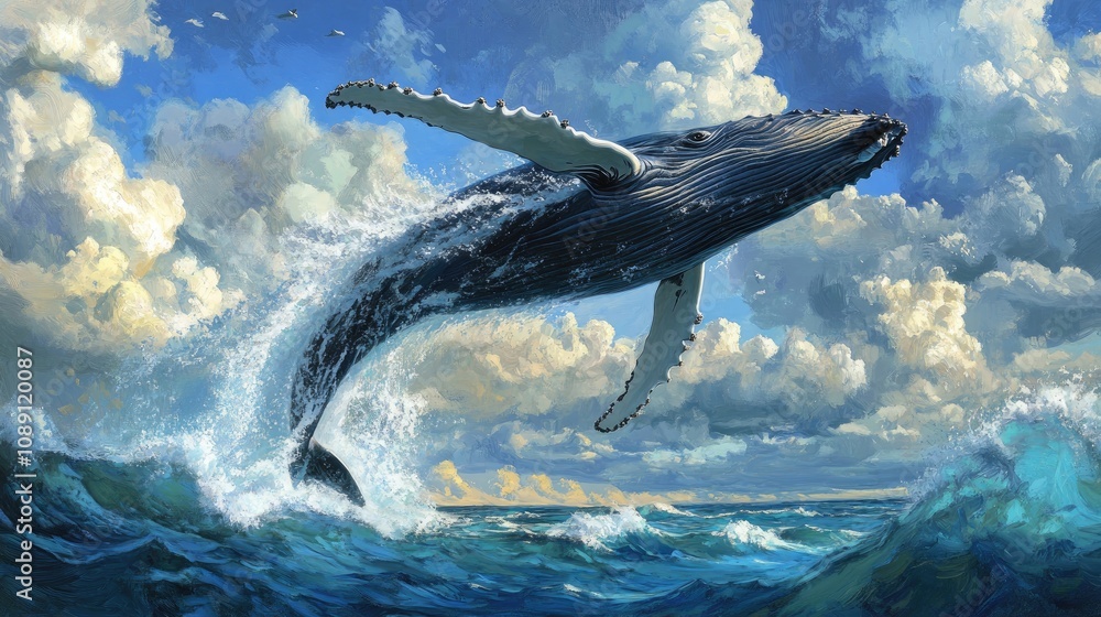 Fototapeta premium Humpback whale breaching spectacularly from ocean waters, sending up a dramatic splash against a vivid blue sky filled with fluffy clouds.