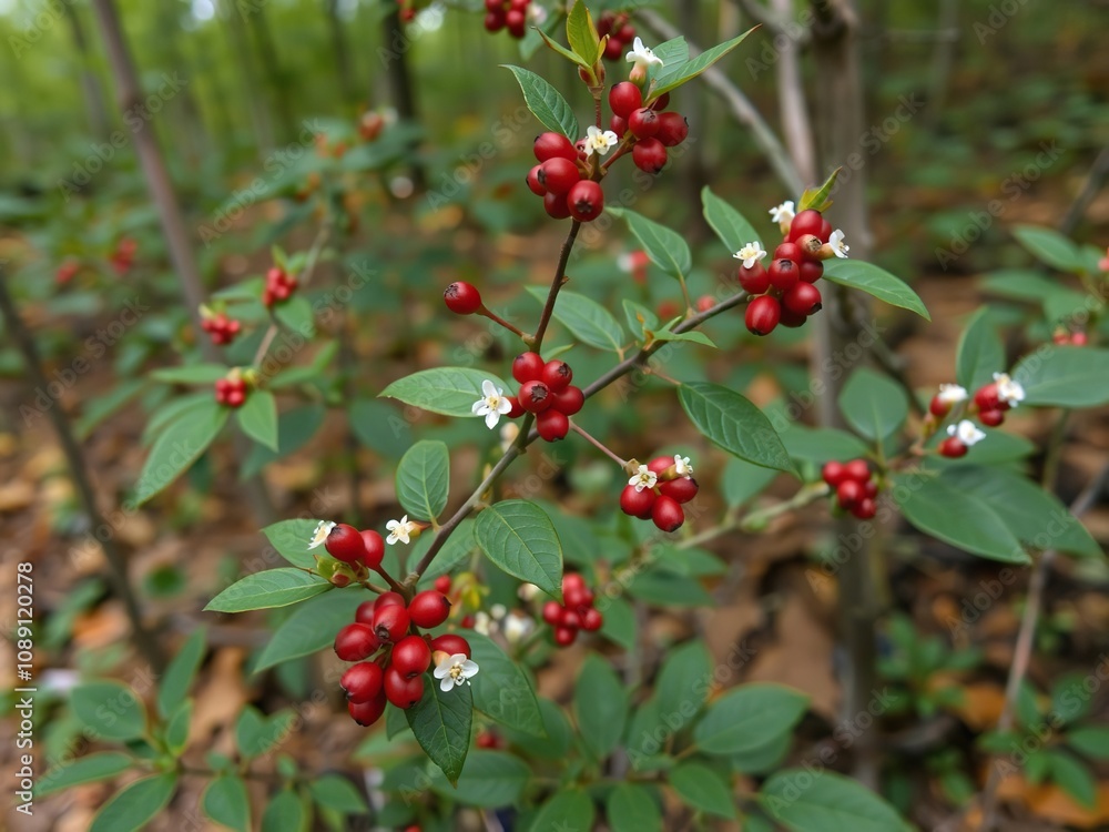 Bearberry plant with its small red berries and white flowers in a forest environment, forest, nature, arctostaphylos uva ursi Bearberry plant with its small red berries and white flowers in a forest environment, forest, nature, arctostaphylos uva ursi