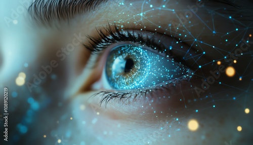 Blue human eye through AI network lens, digital data flowing, connections and technology surrounding it, artificial intelligence, futuristic cyber vision photo