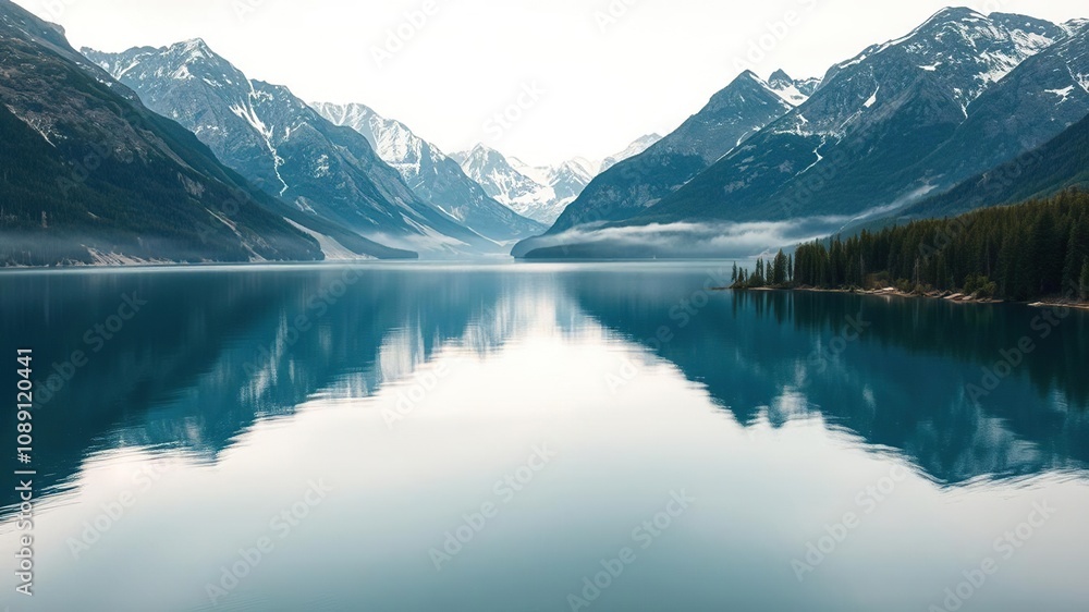 Fototapeta premium Peaceful lake with surrounding snow-capped mountains, serene scenery, frozen tundra, crystal clear