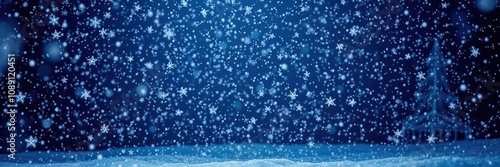 Silvery snowflakes gently fall on a frosty night scene, winter, holiday, silver