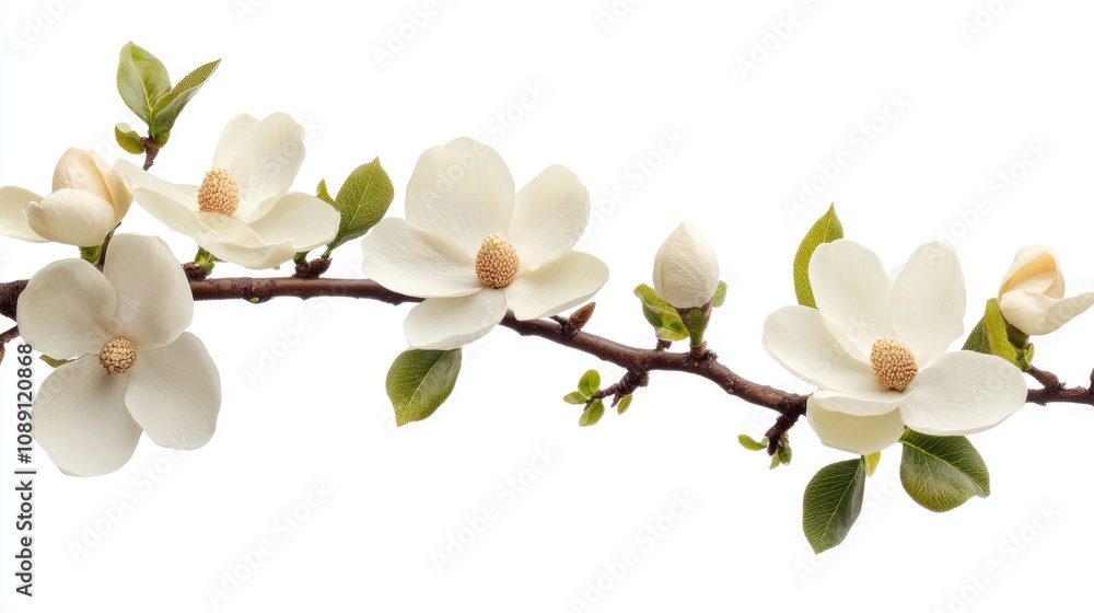 Fototapeta premium Magnolia flower branch with blooming white petals and green leaves, elegantly isolated against a clean white background.