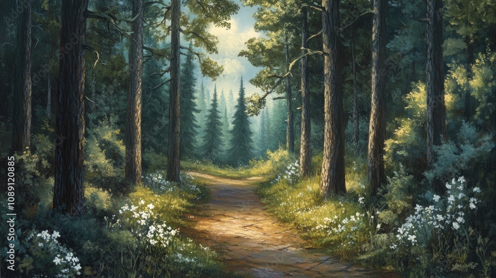 Serene forest path illuminated by soft spring light, bordered by tall trees and delicate white flowers, inviting a sense of tranquility and space. Serene forest path illuminated by soft spring light, bordered by tall trees and delicate white flowers, inviting a sense of tranquility and space.
