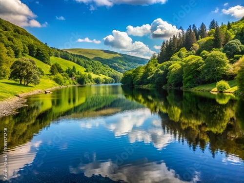 Captivating Aerial View of the River Eiddew Flowing Above Lake Vyrnwy in Stunning Powys, Wales, Showcasing Lush Greenery and Serene Water Reflections under a Clear Blue Sky photo