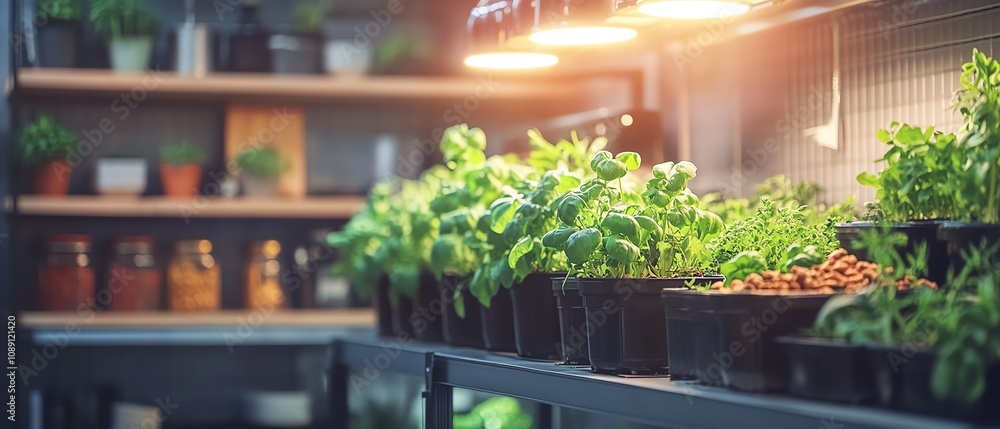 Green vegetables and herbs growing on shelves in vertical farm inside office building, sustainable indoor farming, modern ecofriendly office space Green vegetables and herbs growing on shelves in vertical farm inside office building, sustainable indoor farming, modern ecofriendly office space