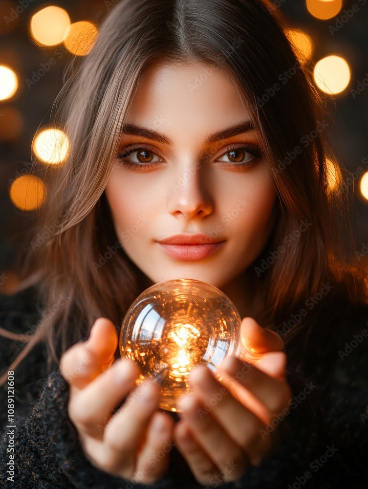 Naklejka premium A young woman holds a glowing light bulb in her hands, with a soft-focus background of warm bokeh, This image conveys warmth and creativity, perfect for advertising, design, or inspirational themes,