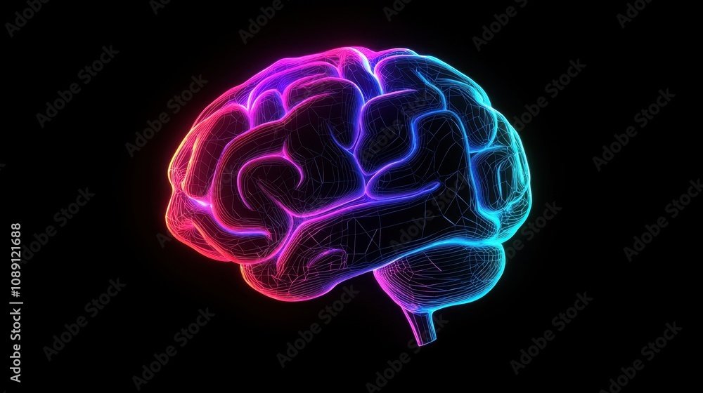 Vibrant Digital Brain Illustration with Neon Colors Representing Modern Technology, Artificial Intelligence, and Cognitive Science in a Futuristic Design Vibrant Digital Brain Illustration with Neon Colors Representing Modern Technology, Artificial Intelligence, and Cognitive Science in a Futuristic Design