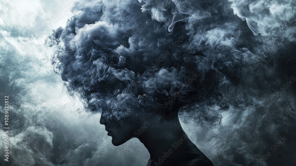 Silhouette of a person with a cloud of dark smoke resembling hair against a dramatic, cloudy background, creating an ethereal and mysterious atmosphere. Silhouette of a person with a cloud of dark smoke resembling hair against a dramatic, cloudy background, creating an ethereal and mysterious atmosphere.