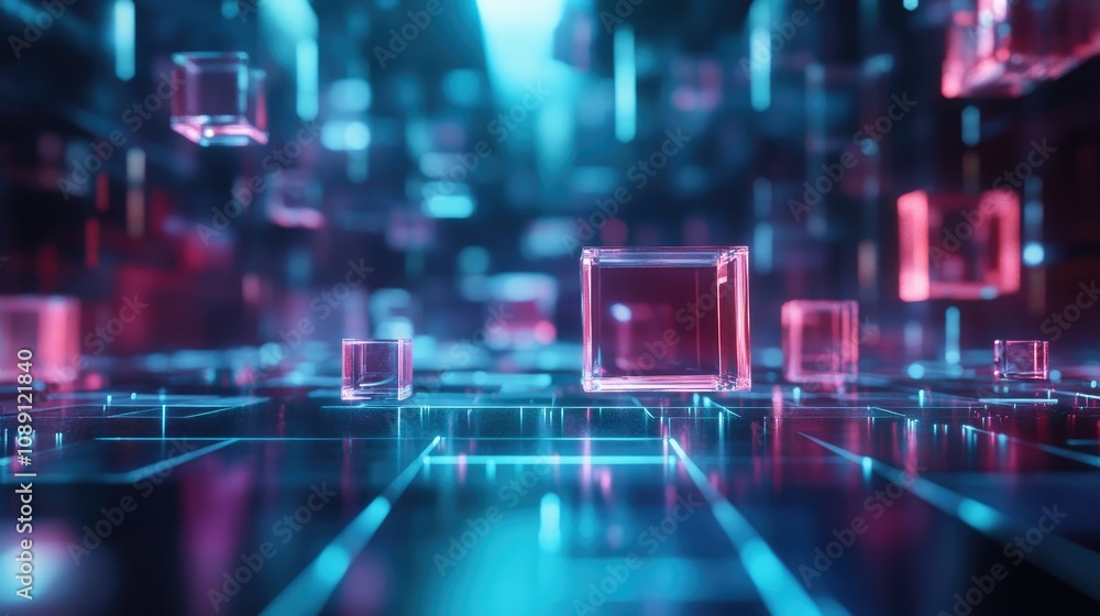Futuristic digital landscape with glowing transparent cubes and intricate patterns, illustrating concepts of technology and digital commerce. Futuristic digital landscape with glowing transparent cubes and intricate patterns, illustrating concepts of technology and digital commerce.