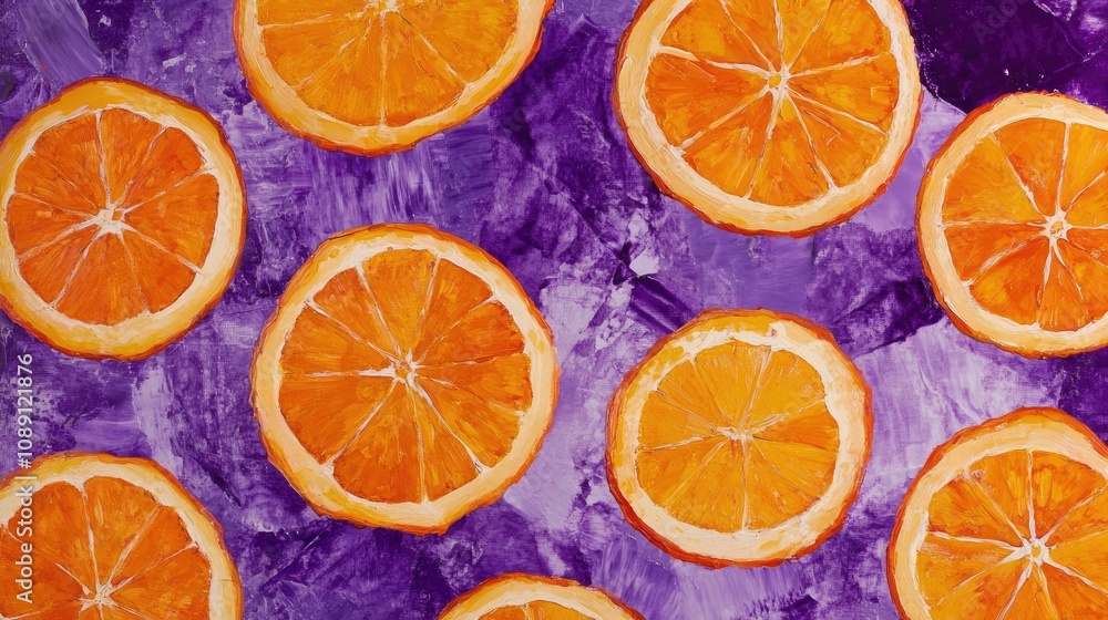 Bright orange citrus slices beautifully arranged on a rich purple surface, showcasing a striking contrast of vibrant colors and textures. Bright orange citrus slices beautifully arranged on a rich purple surface, showcasing a striking contrast of vibrant colors and textures.