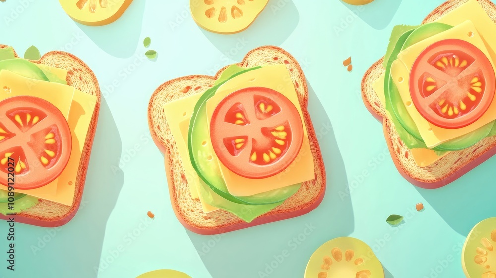 Vibrant vegetarian sandwich scene showcasing toasted bread layered with avocado, cheddar cheese, fresh tomatoes, and greens, perfect for healthy meals. Vibrant vegetarian sandwich scene showcasing toasted bread layered with avocado, cheddar cheese, fresh tomatoes, and greens, perfect for healthy meals.