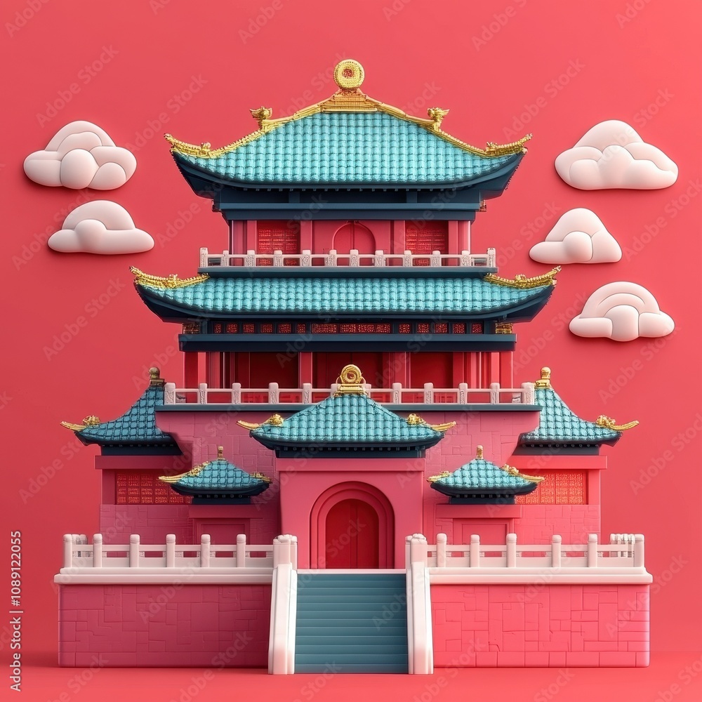 Traditional Chinese Temple on Red Background Traditional Chinese Temple on Red Background