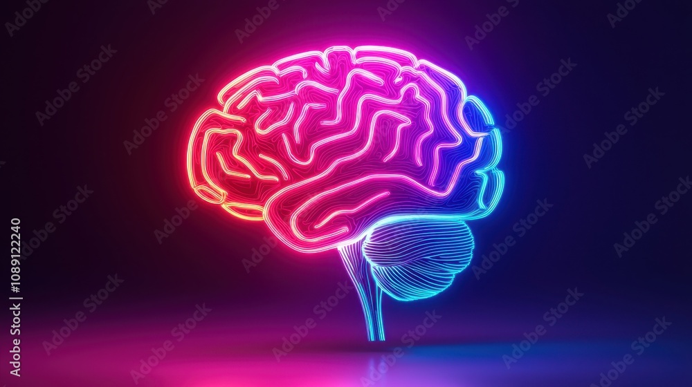 Neon Brain Artwork in Vibrant Pink and Blue Colors, Illuminating the Concept of Creativity, Intelligence, and Human Thought in a Futuristic Style Neon Brain Artwork in Vibrant Pink and Blue Colors, Illuminating the Concept of Creativity, Intelligence, and Human Thought in a Futuristic Style