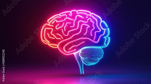 Neon Brain Artwork in Vibrant Pink and Blue Colors, Illuminating the Concept of Creativity, Intelligence, and Human Thought in a Futuristic Style