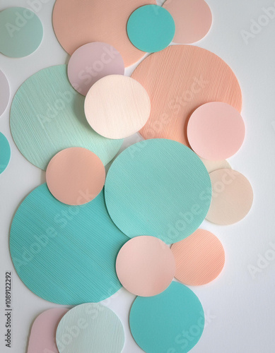 Paper circle cutouts in pastel colors like mint, peach, and lavender, are scattered randomly on a white background