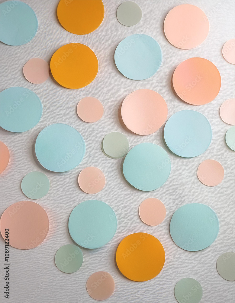 Paper circle cutouts in pastel colors like mint, peach, and lavender, are scattered randomly on a white background Paper circle cutouts in pastel colors like mint, peach, and lavender, are scattered randomly on a white background
