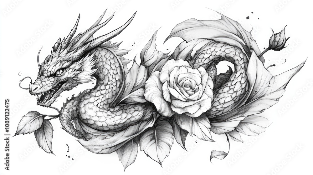 Obraz premium Intricate tattoo design showcasing a fierce dragon elegantly intertwined with a blooming rose and lush leaves in a detailed monochromatic style.