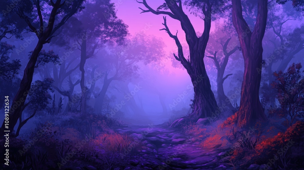 Mysterious dusk forest scene enveloped in eerie mist with vibrant purples and deep shadows, creating an enchanting and captivating atmosphere. Mysterious dusk forest scene enveloped in eerie mist with vibrant purples and deep shadows, creating an enchanting and captivating atmosphere.
