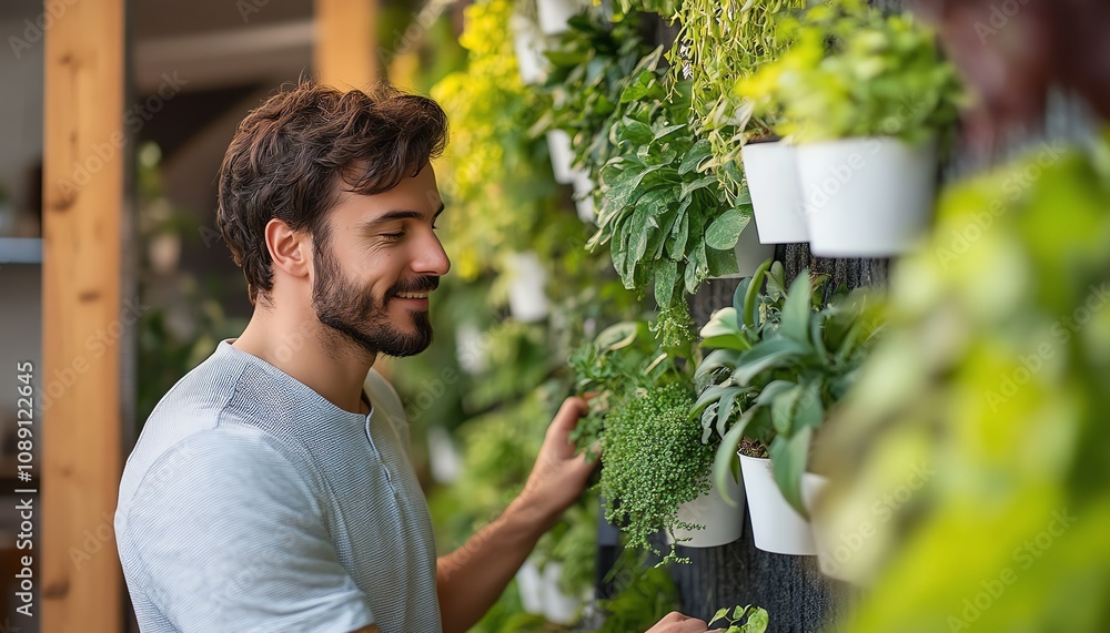 Man engaging with indoor vertical garden, green plants in white pots hanging from wall to ceiling, ecofriendly office design with natural greenery Man engaging with indoor vertical garden, green plants in white pots hanging from wall to ceiling, ecofriendly office design with natural greenery