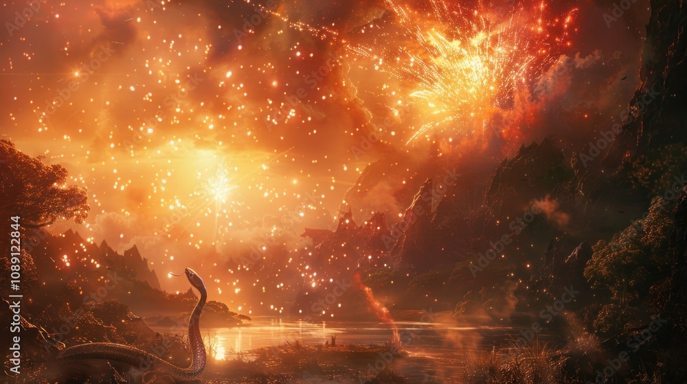 A mystical landscape with a fiery sky, a lake, mountains, and a large snake. A mystical landscape with a fiery sky, a lake, mountains, and a large snake.