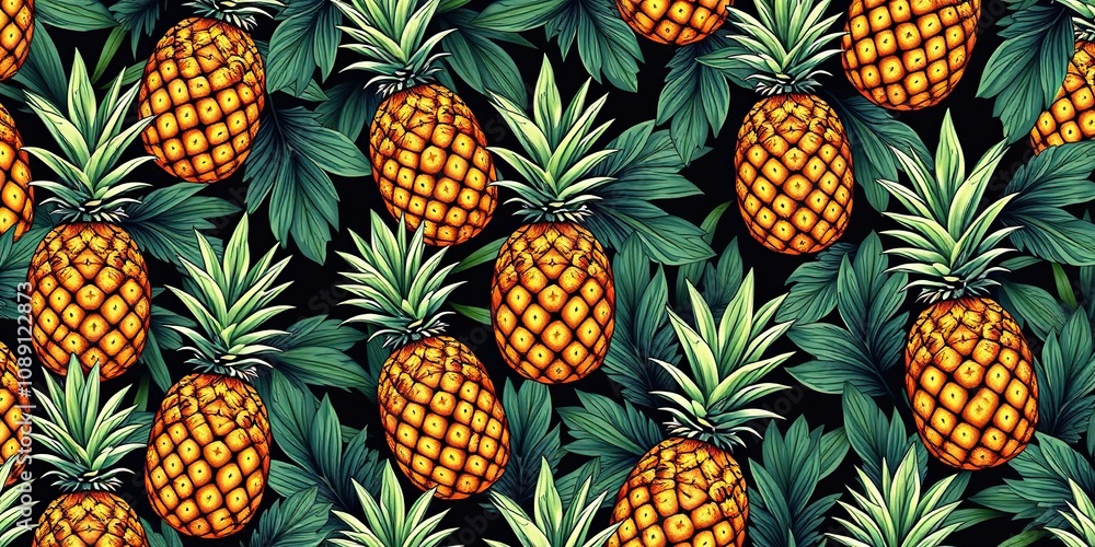 Intricate and detailed design showcasing a stylized combination of pineapples and palm leaves in a repeating pattern, palm leaf, tropical floral frame Intricate and detailed design showcasing a stylized combination of pineapples and palm leaves in a repeating pattern, palm leaf, tropical floral frame