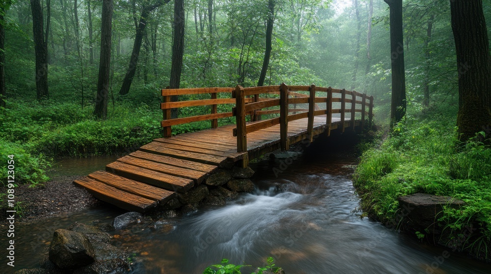 Fototapeta premium Wooden Bridge Over a Creek in a Misty Forest
