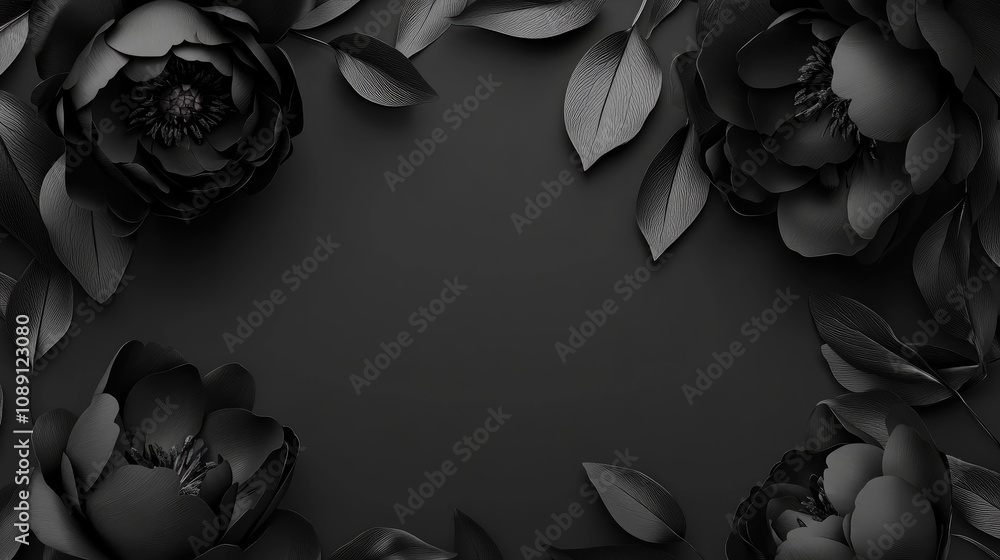 Elegant black floral backdrop with dark peonies, featuring soft focus for a dreamy aesthetic and plenty of space for text or design elements. Elegant black floral backdrop with dark peonies, featuring soft focus for a dreamy aesthetic and plenty of space for text or design elements.