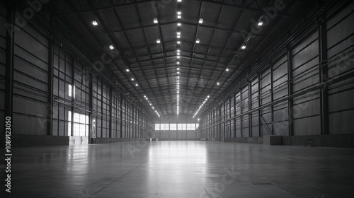 Vast industrial warehouse interior with high ceilings, steel walls, and bright overhead lighting. Ideal for logistics, manufacturing, or storage themes