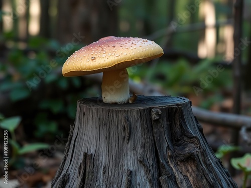 A single large edible mushroom sits atop a weathered stump in the forest, its cap a vibrant shade of brown with delicate patterns, mycology, fungus life photo