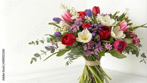 Wallpaper Mural A lush bouquet of spring flowers including red purple white and pink blooms on a simple white or light-colored background, spring flowers, red flowers Torontodigital.ca