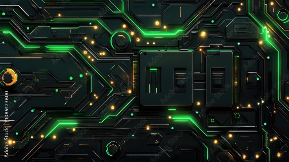 Fototapeta premium Futuristic circuit board featuring a vibrant glowing microchip design with green and yellow accents, creating a high-tech science fiction backdrop.
