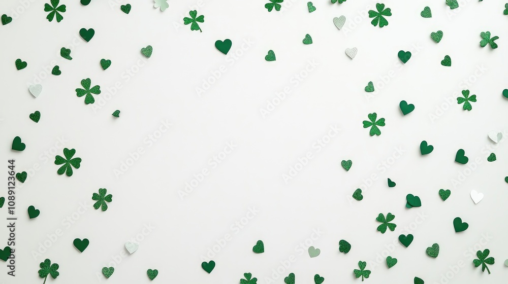 St Patrick's Day themed flat lay with green shamrock symbols, heart, and star confetti scattered on a white background for festive celebrations. St Patrick's Day themed flat lay with green shamrock symbols, heart, and star confetti scattered on a white background for festive celebrations.